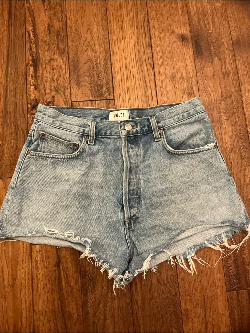 AGOLDE Button Fly Distressed Denim Cutoff Shorts, size 30